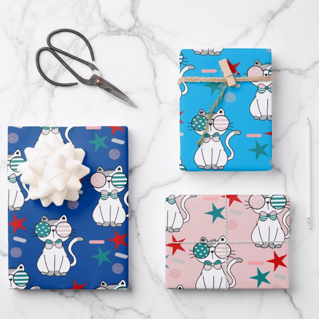 Feuille De Papier Cadeau Chats patriotiques mignons saupoudrer Étoiles Moti (Recto)