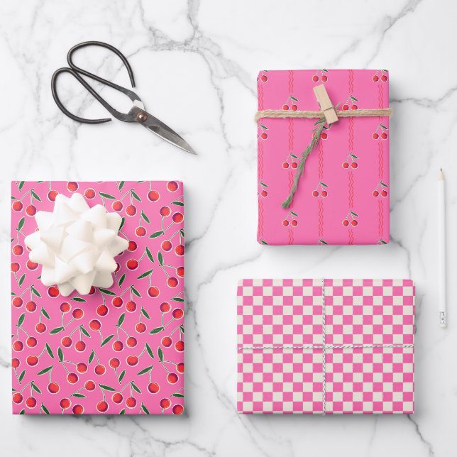 Feuille De Papier Cadeau Chaud rose funky Retro Berry Cherry et Checkers (Recto)