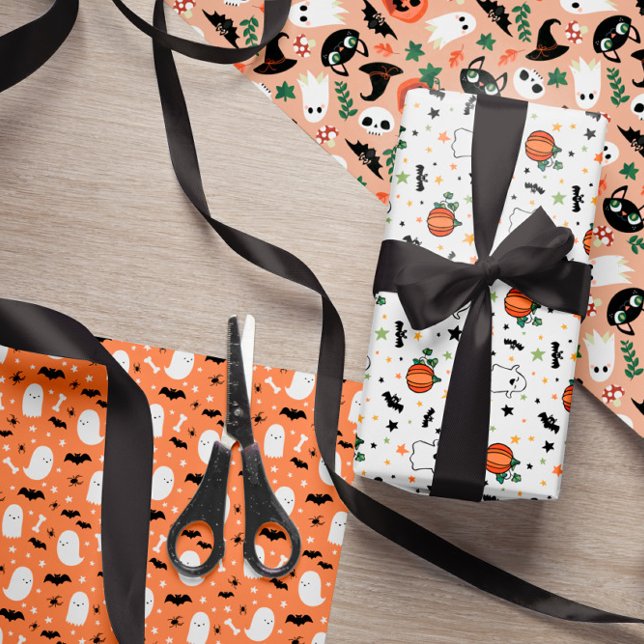 Feuille De Papier Cadeau Chauves-souris Citrouilles Motifs fantômes mixtes  (Créateur téléchargé)