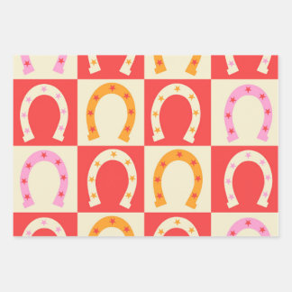 Feuille De Papier Cadeau Checkered Retro Horseshoe in Orange red and Pink 