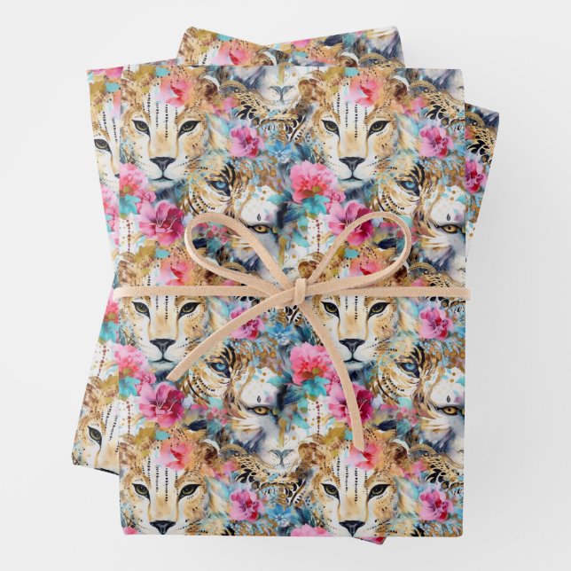 Feuille De Papier Cadeau Cheetah Floral Boho Motif d'aquarelle (En situation)