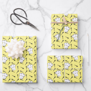 Feuille De Papier Cadeau Chefs Casquette Fourches Cuillères Motif culinaire
