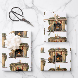 Feuille De Papier Cadeau Cheminée victorienne confortable Motif de Noël