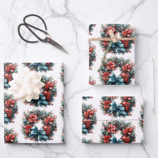 Feuille De Papier Cadeau Chemise d'aquarelle de Noël avec Motif Holly (Recto)