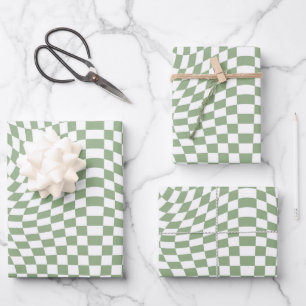 Feuille De Papier Cadeau Chèques blancs en vert gris de Sage rétro À damier