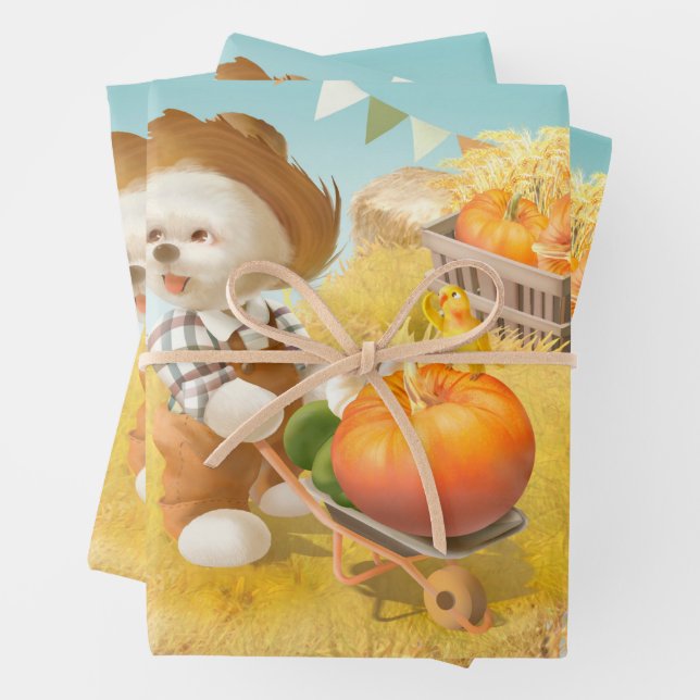 Feuille De Papier Cadeau Cher fermier chien avec Citrouille (En situation)