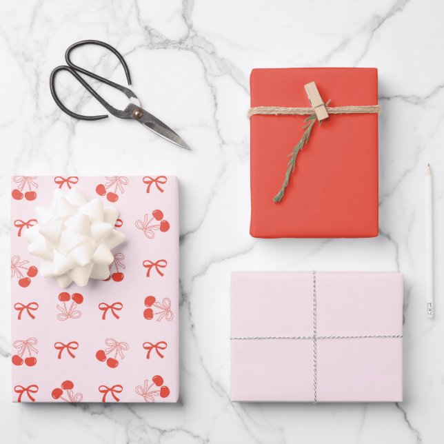 Feuille De Papier Cadeau Cherry Red Coquette Bow Girly Wrapping Paper Set (Recto)