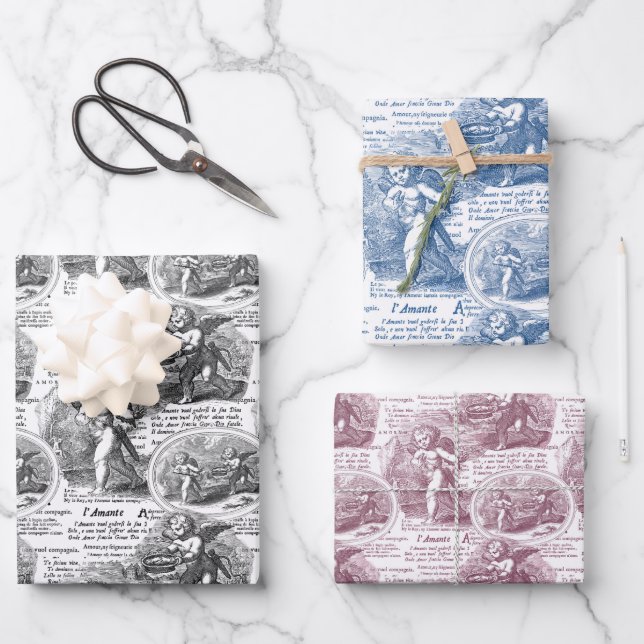 Feuille De Papier Cadeau Cherubs en amour Romantique Toile de Jouy (Recto)