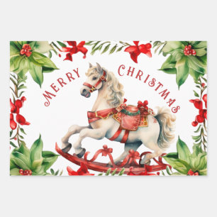 Feuille De Papier Cadeau Cheval à roches blanc Vintage
