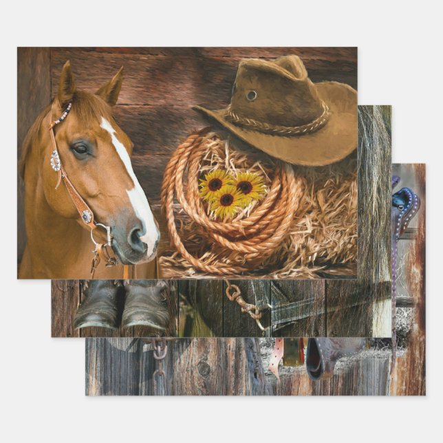 Feuille De Papier Cadeau Cheval Boots Cowboy Saddle Horseshoe (Lot)