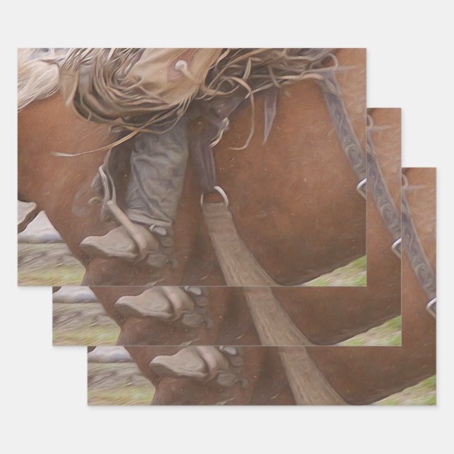Feuille De Papier Cadeau Cheval Brown Western Rodeo Cowboy (Lot)