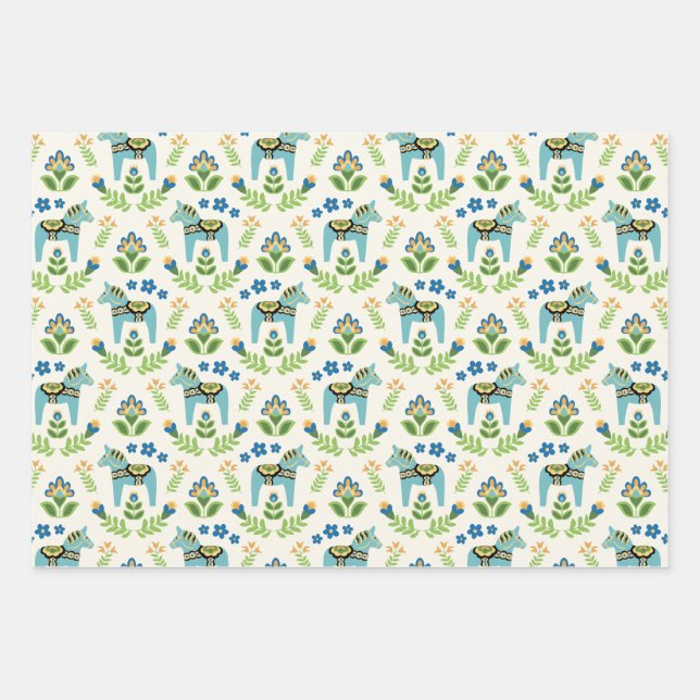 Feuille De Papier Cadeau Cheval de Dala suédois Turquoise (Devant)