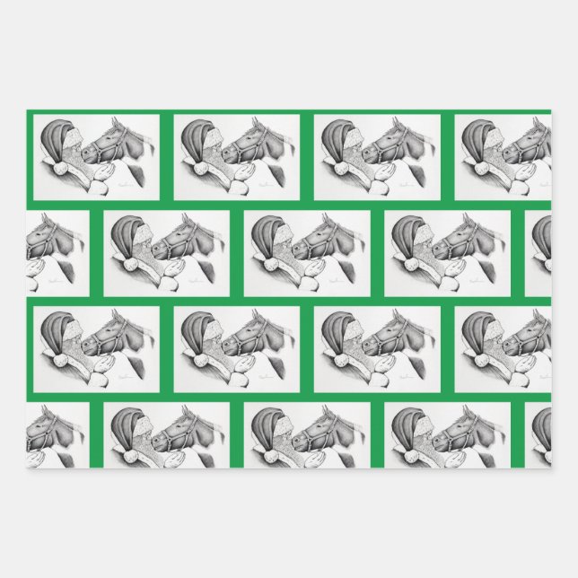 Feuille De Papier Cadeau Cheval de Noël et Père Noël (Devant)