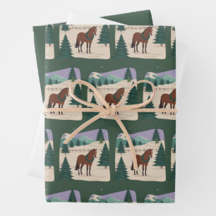 Feuille De Papier Cadeau Cheval de Noël vintage années 90 Style Rétro Arbre