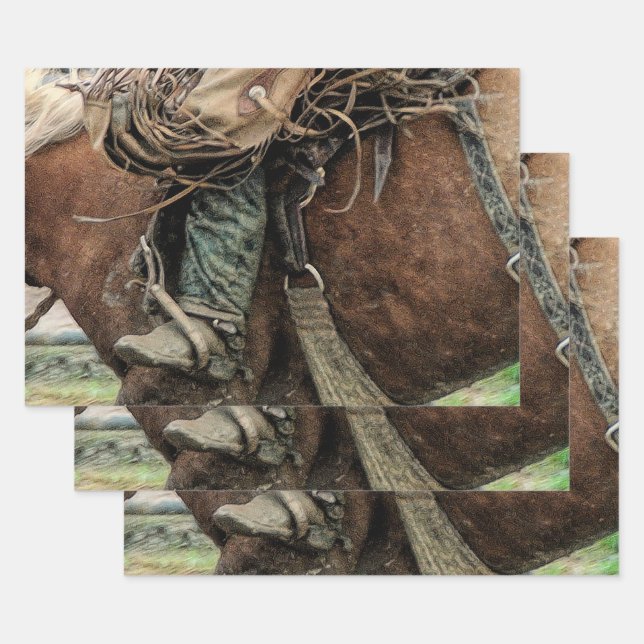 Feuille De Papier Cadeau Cheval équitation Western Rodeo Cowboy (Lot)