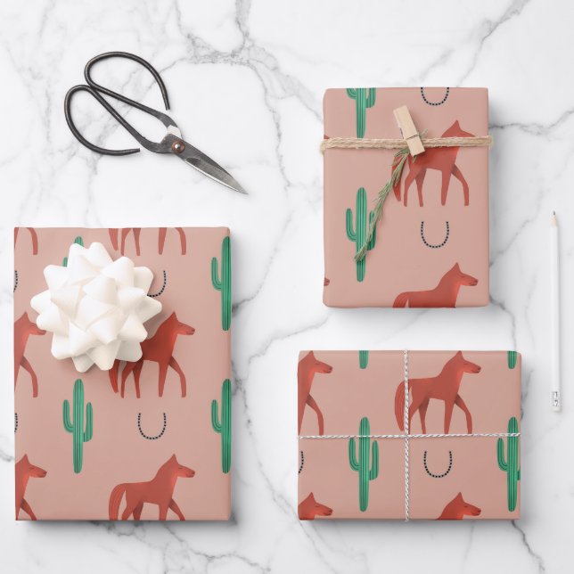 Feuille De Papier Cadeau Cheval et Cactus (Recto)