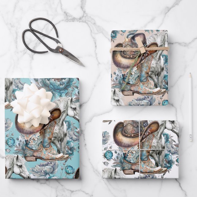 Feuille De Papier Cadeau Cheval fille cowgirl motif floral turquoise (Recto)