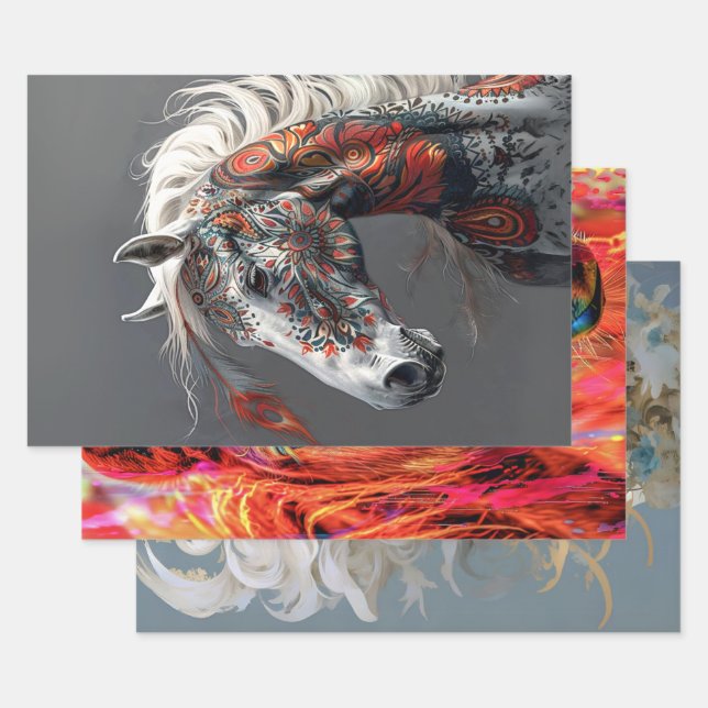 Feuille De Papier Cadeau Cheval Indien, Cheval d'aquarelle, Femme exotique (Lot)
