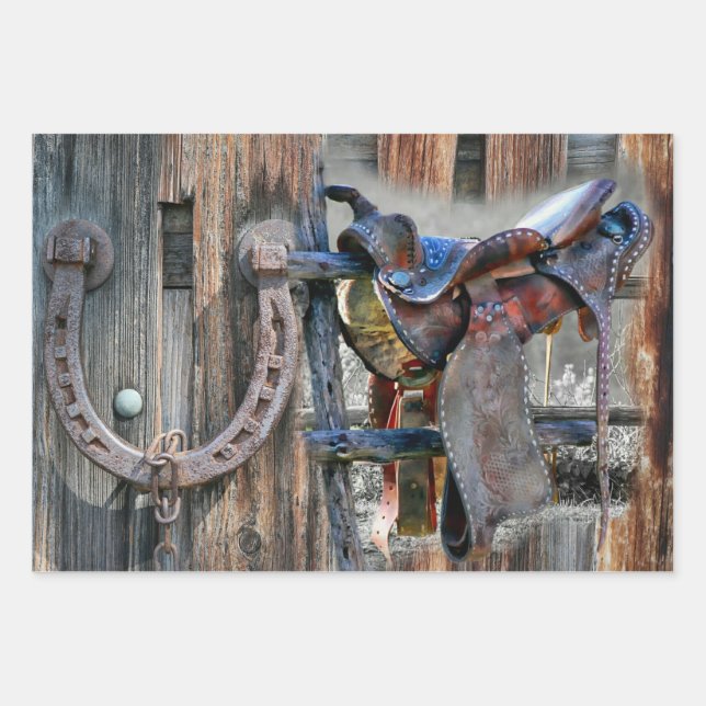 Feuille De Papier Cadeau Cheval Saddle Horseshoe Rustique Western (Devant)