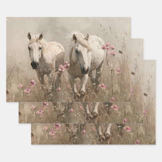 Feuille De Papier Cadeau Chevaux gris Fleurs roses Peinture à l'huile Décou