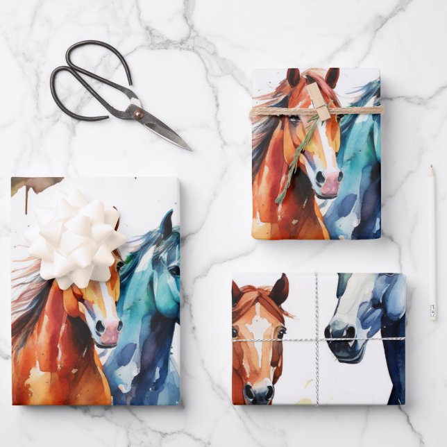Feuille De Papier Cadeau Chevaux pâturage dans la prairie aquarelle (Recto)