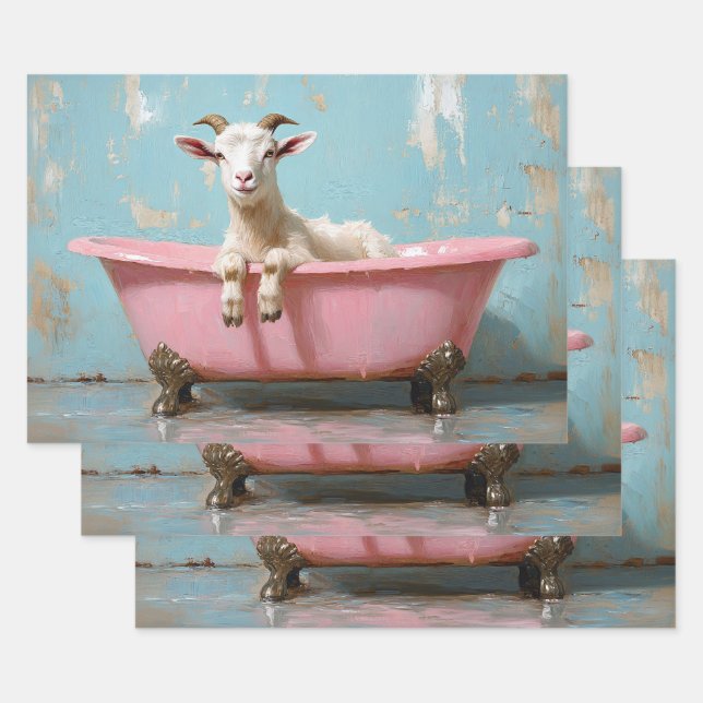 Feuille De Papier Cadeau Chèvre dans une baignoire rose (Lot)