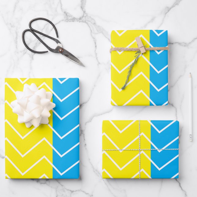 Feuille De Papier Cadeau Chevron jaune bleu blanc Motif Chevron (Recto)
