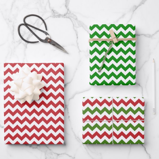 Feuille De Papier Cadeau Chevron rouge foncé, vert et blanc (Recto)