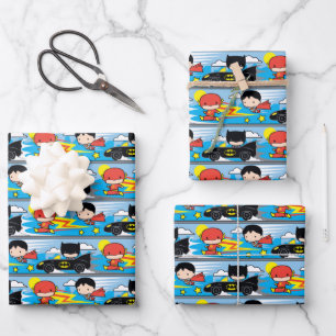 Feuille De Papier Cadeau Chibi Flash, Superman et Batman Racing Motif