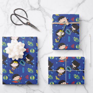 Feuille De Papier Cadeau Chibi Wonder Woman, Superman et Batman Motif