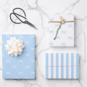 Feuille De Papier Cadeau Chic Baby Shower Fille Préparatoire Bleu Nœud Rayu