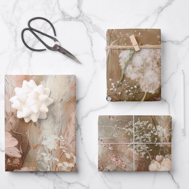 Feuille De Papier Cadeau Chic Beige Rose Bohème Floral  (Recto)