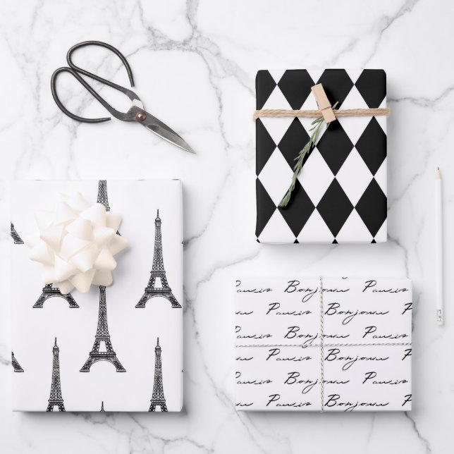 Feuille De Papier Cadeau Chic Black and White Bonjour (Recto)