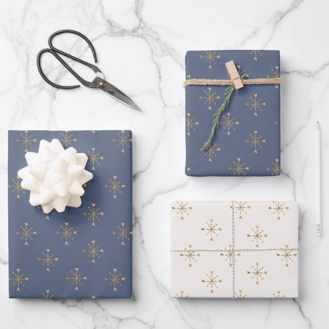 Feuille De Papier Cadeau Chic bleu ivoire et étoile d'or (Recto)