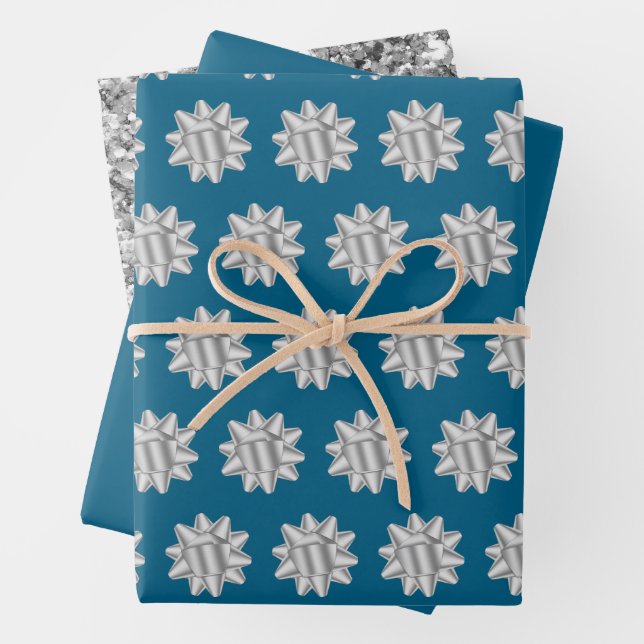 Feuille De Papier Cadeau Chic Blue Silver Bows Parties scintillant Noël (En situation)