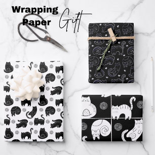 Feuille De Papier Cadeau Chic Chat noir et blanc Feline minimaliste moderne