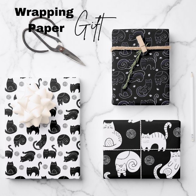 Feuille De Papier Cadeau Chic Chat noir et blanc Feline minimaliste moderne (Chic Black and White Cat Modern Minimalist Feline Wrapping Paper Sheets)
