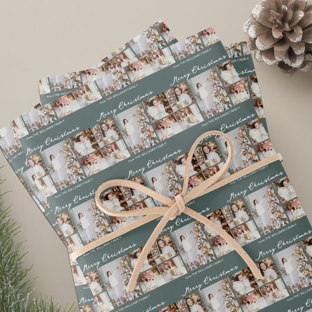 Feuille De Papier Cadeau Chic Christmas Family Photo Collage Grey Green (Créateur téléchargé)