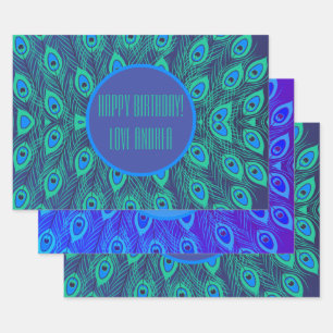 FEUILLE DE PAPIER CADEAU CHIC COLORÉ BLEU TURQUOISE PEACOCK FEATHERS PERSON