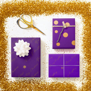 Feuille De Papier Cadeau Chic Joyeux script de Noël violet et or