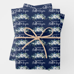 Feuille De Papier Cadeau Chic Marine Bleu Peony Blanc Floral Personnalisé M