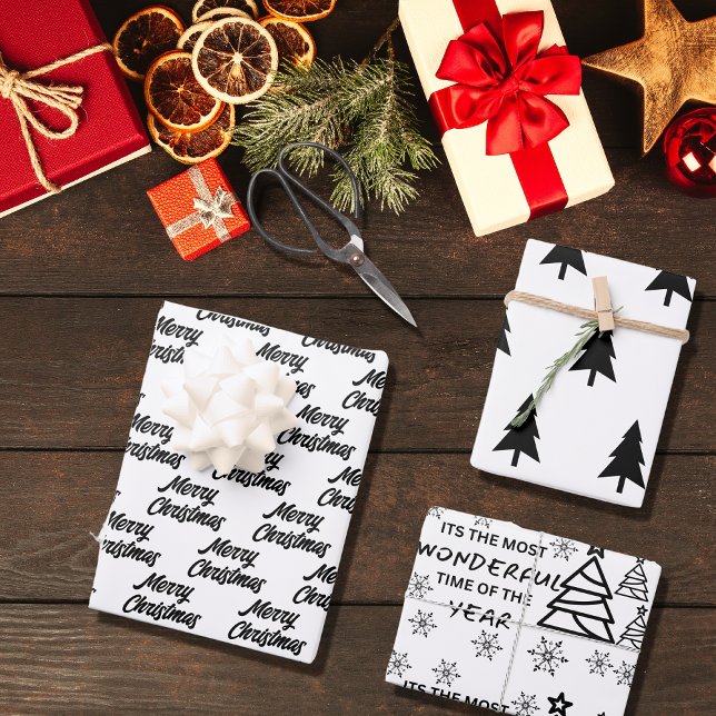 Feuille De Papier Cadeau Chic moderne Noir Blanc Joyeux Noël Citation Cadea (Créateur téléchargé)
