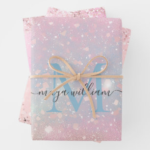 Feuille De Papier Cadeau Chic Monogramme 3 Parties scintillant couleur rose