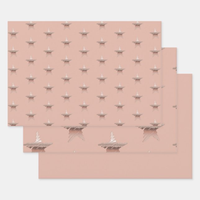 Feuille De Papier Cadeau Chic Noël métal rose or étoile châtaigne (Lot)