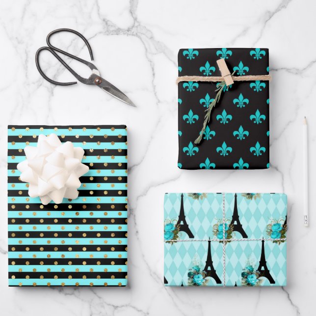 Feuille De Papier Cadeau Chic Paris Aqua Bleu, Noir et Or (Recto)