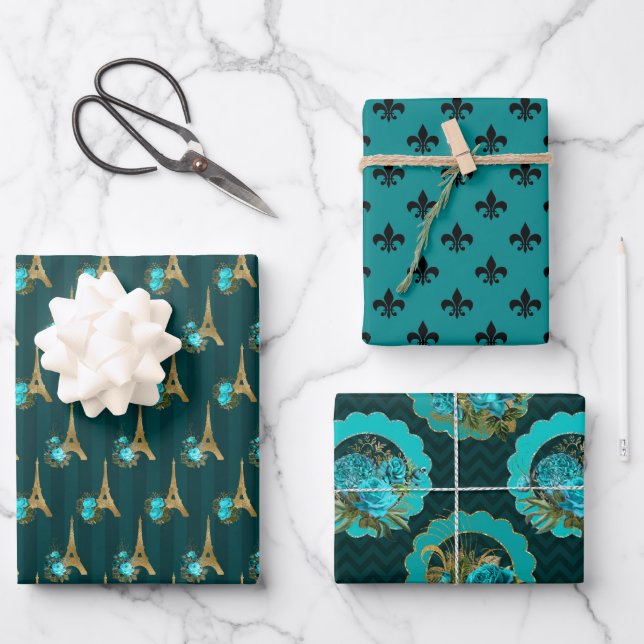 Feuille De Papier Cadeau Chic Paris Turquoise, noir et or (Recto)