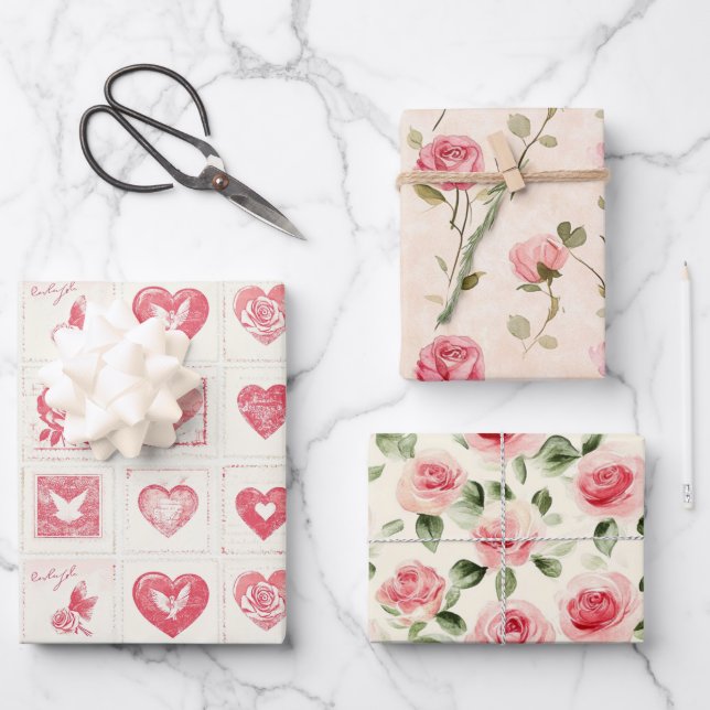 Feuille De Papier Cadeau Chic Red Cream Love Hearts Mariage (Recto)