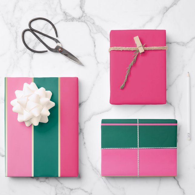 Feuille De Papier Cadeau Chic rose & vert et Gold Stripes (Recto)