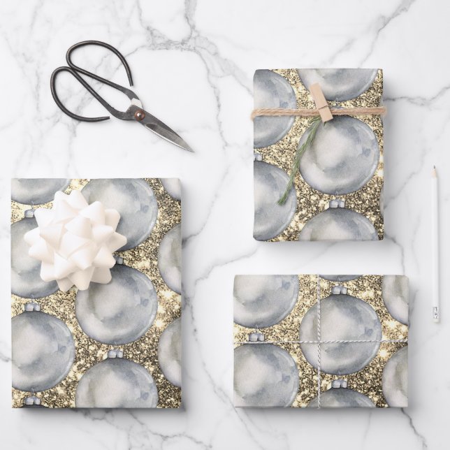 Feuille De Papier Cadeau Chic Silver Christmas Ball Gold Parties scintillan (Recto)