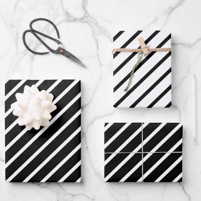 Feuille De Papier Cadeau Chic Simple Elegant Noir & Blanc Diagonal Stripes (Recto)